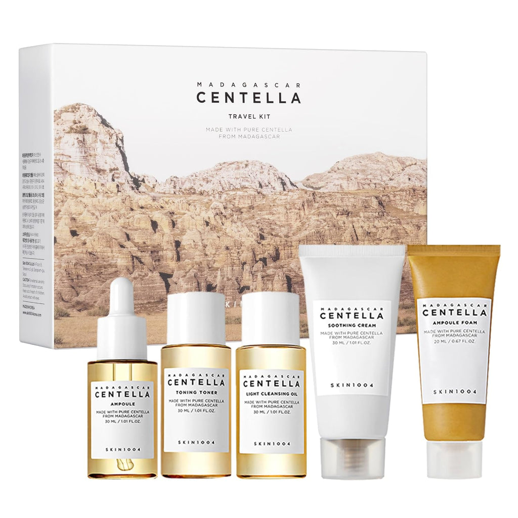 Centella Travel Kit, Korean Skin Care Set of 5, Travel Size | a Travel Size Skincare Gift Set with Toner, Serum, Oil Cleanser, Face Wash, and Moisturizer, Made with Madagascar Centella