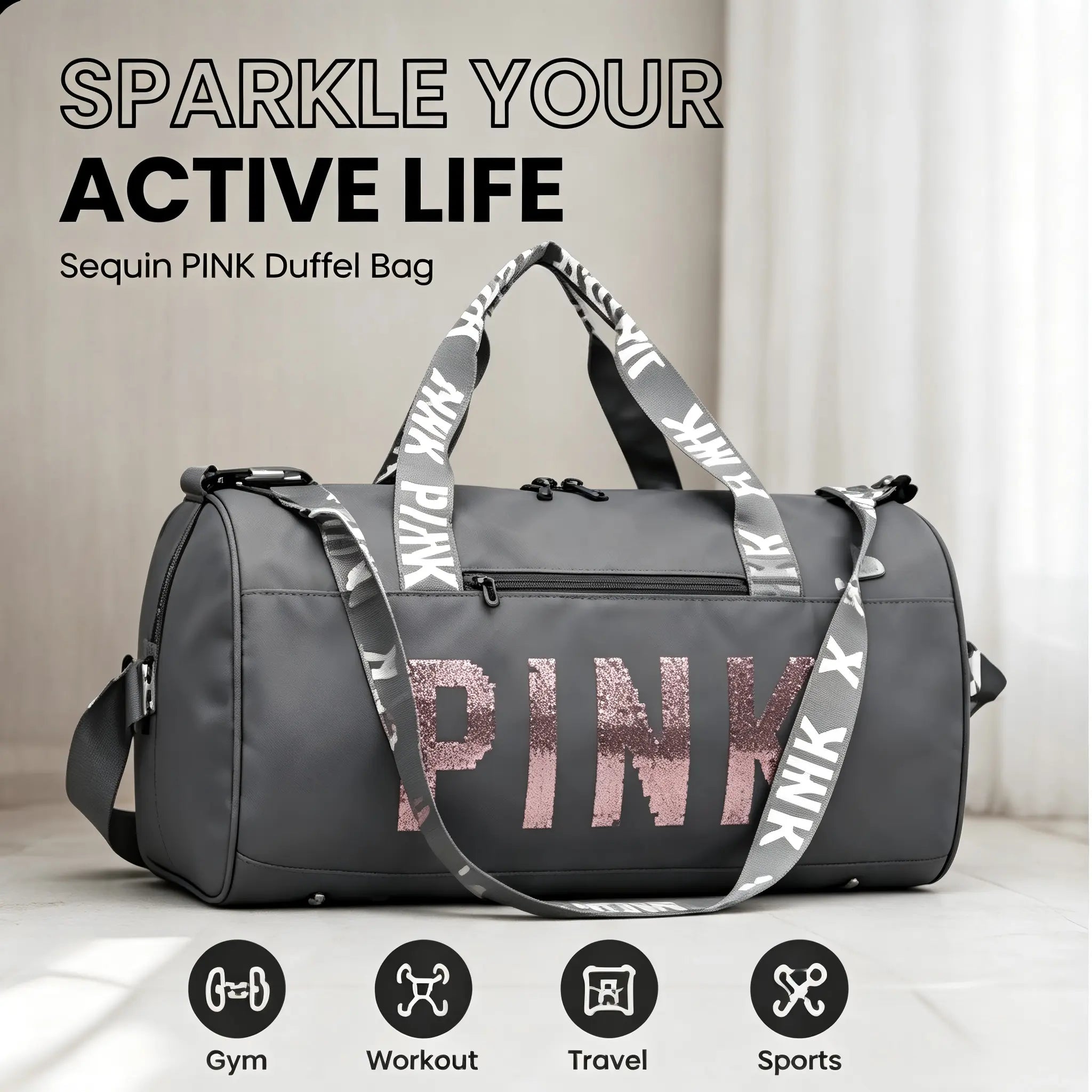Fashion Sequin PINK Sports Duffle Bag, Portable Crossbody Shoulder Handheld Weekender Bag for Gym Fitness Short Business Trip #Gymbag #Traveldufflebag #Weekenderbag #Pinkdufflebag #Sportsbagforwomen#Tiktokfinds #Viralgymbag