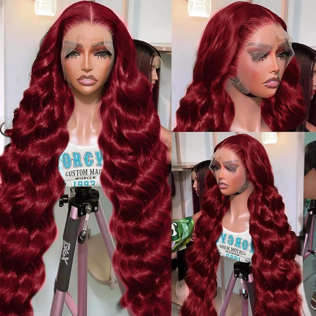 28 Inch Burgundy 13X6 Lace Front Wigs Human Hair HD 99J Wig | 180% Density,Body Wave Wig Pre Plucked with Natural Hairline,Glueless Wigs for Women