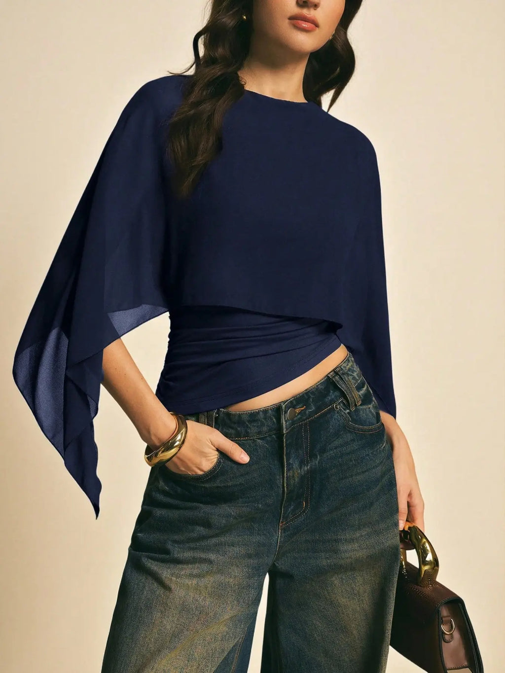 Elegant Minimalist Asymmetrical Basic Blouse Shirts for Women, round Neck, Batwing Sleeve Design, Perfect for Daily Wear & Casual, Stylish Ladies' Top