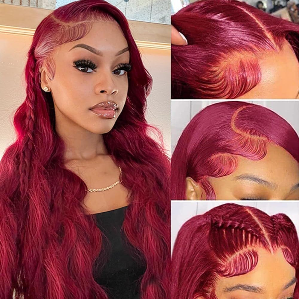 28 Inch Burgundy 13X6 Lace Front Wigs Human Hair HD 99J Wig | 180% Density,Body Wave Wig Pre Plucked with Natural Hairline,Glueless Wigs for Women