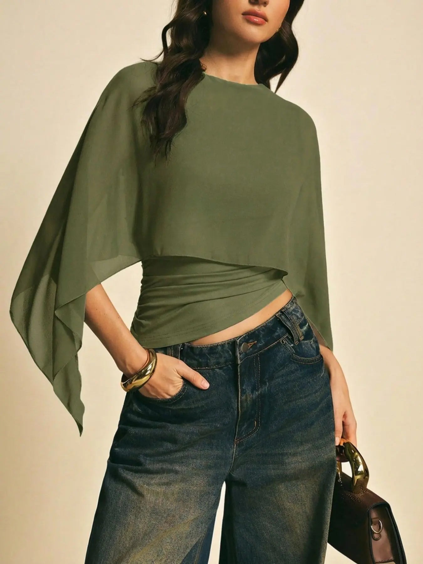 Elegant Minimalist Asymmetrical Basic Blouse Shirts for Women, round Neck, Batwing Sleeve Design, Perfect for Daily Wear & Casual, Stylish Ladies' Top