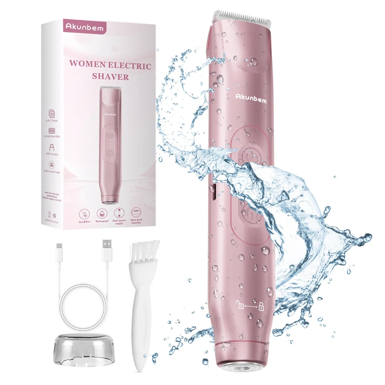 Akunbem Bikini Trimmer for Women, Electric Shaver and Razor Rechargeable 2-In-1 Body and Facial Epilator, Dual Heads for Painless Trimming of Pubic Hair, Face, Underarms and Legs, IPX7 Waterproof. Christmas Gift New Year Gift Shaving Grooming Tiktokshopba
