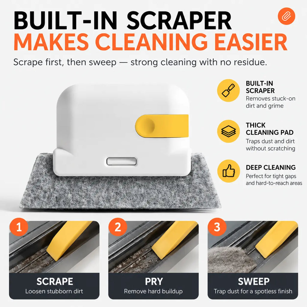 Window Track Cleaner Kit with 2 Replacement Pads, 2-In-1 Cleaning Tool with Built-In Scraper, Deep Gap Brush for Window Tracks, Sliding Doors & Home Cleaning
