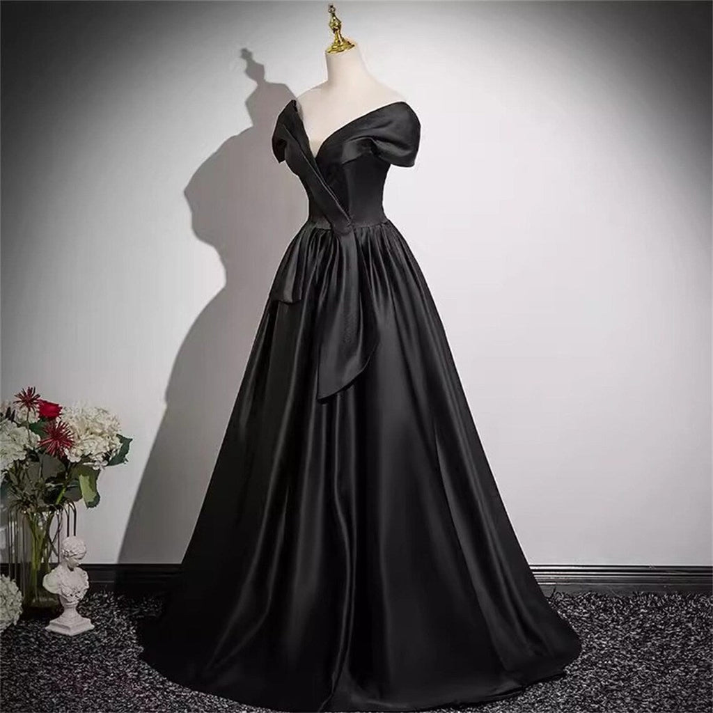 Black Satin Prom Dress Vneck Gown Elegant Black Dress Satin A-Line Dress Stunning Party Dress Minimalist Wedding Dress Simple Birthday Dress