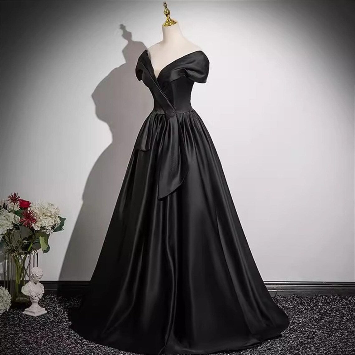 Black Satin Prom Dress Vneck Gown Elegant Black Dress Satin A-Line Dress Stunning Party Dress Minimalist Wedding Dress Simple Birthday Dress