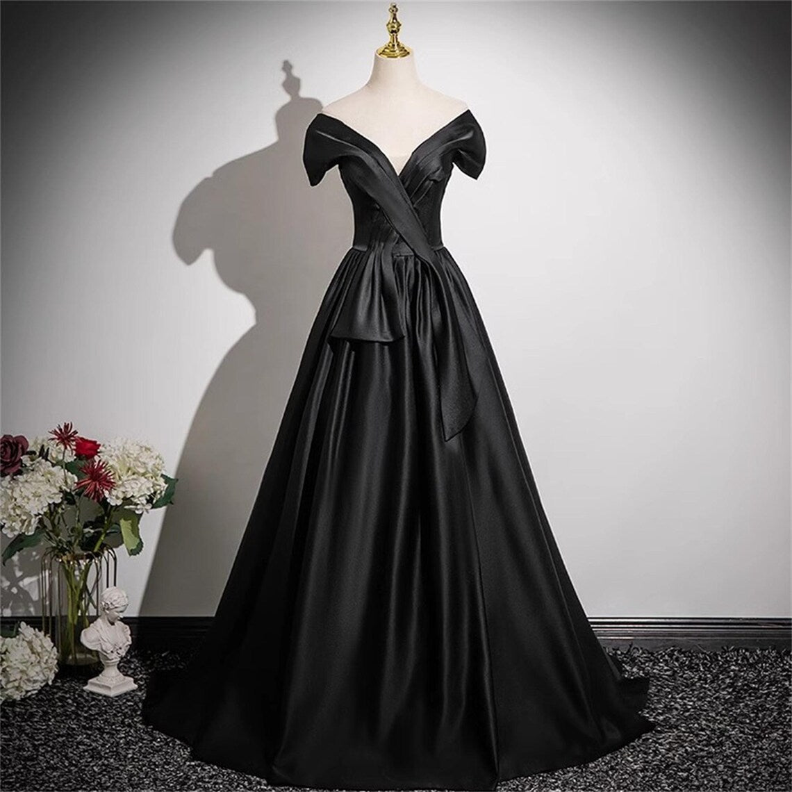 Black Satin Prom Dress Vneck Gown Elegant Black Dress Satin A-Line Dress Stunning Party Dress Minimalist Wedding Dress Simple Birthday Dress