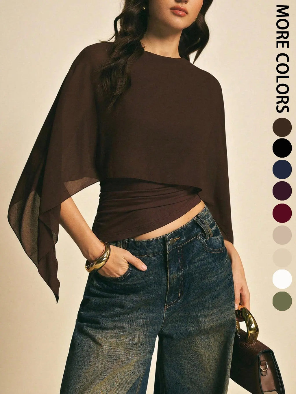 Elegant Minimalist Asymmetrical Basic Blouse Shirts for Women, round Neck, Batwing Sleeve Design, Perfect for Daily Wear & Casual, Stylish Ladies' Top