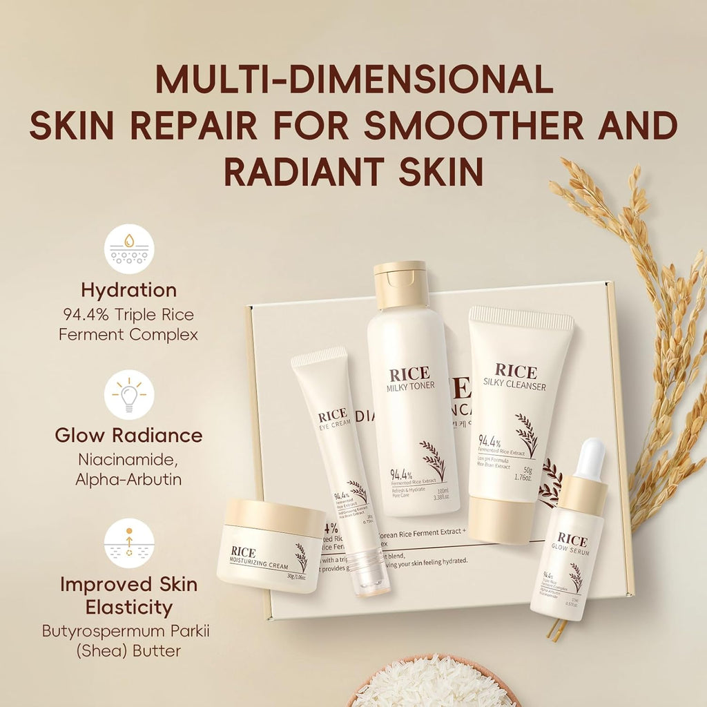 Skin Care Set, Korean Skin Care - Korean Beauty for Women - 5Pcs | Rice Cleanser, Toner, Serum, Eye Serum, Moisturizing Cream Teen Girls Mom Daughter Mother'S Day Birthday Christmas Lover