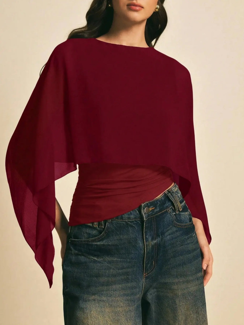Elegant Minimalist Asymmetrical Basic Blouse Shirts for Women, round Neck, Batwing Sleeve Design, Perfect for Daily Wear & Casual, Stylish Ladies' Top