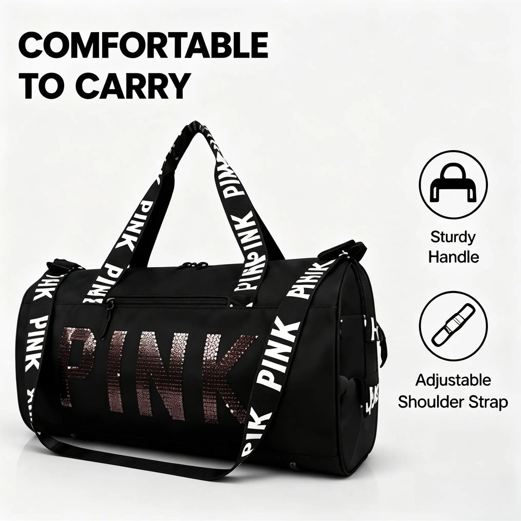 Fashion Sequin PINK Sports Duffle Bag, Portable Crossbody Shoulder Handheld Weekender Bag for Gym Fitness Short Business Trip #Gymbag #Traveldufflebag #Weekenderbag #Pinkdufflebag #Sportsbagforwomen#Tiktokfinds #Viralgymbag