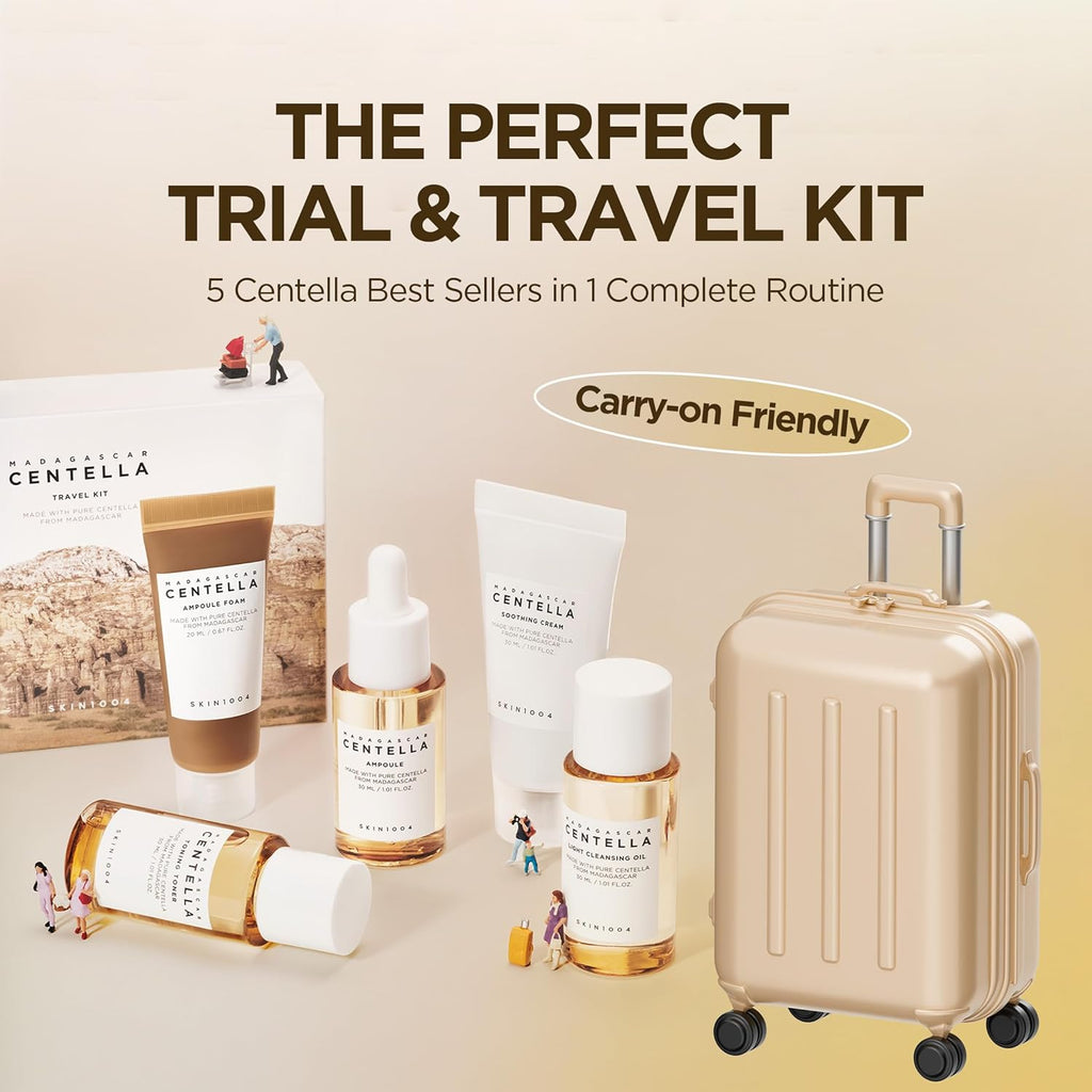Centella Travel Kit, Korean Skin Care Set of 5, Travel Size | a Travel Size Skincare Gift Set with Toner, Serum, Oil Cleanser, Face Wash, and Moisturizer, Made with Madagascar Centella