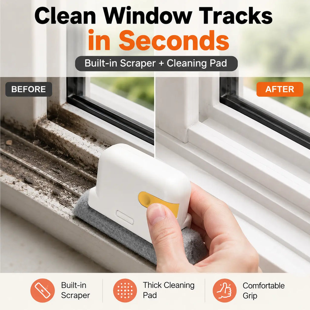 Window Track Cleaner Kit with 2 Replacement Pads, 2-In-1 Cleaning Tool with Built-In Scraper, Deep Gap Brush for Window Tracks, Sliding Doors & Home Cleaning