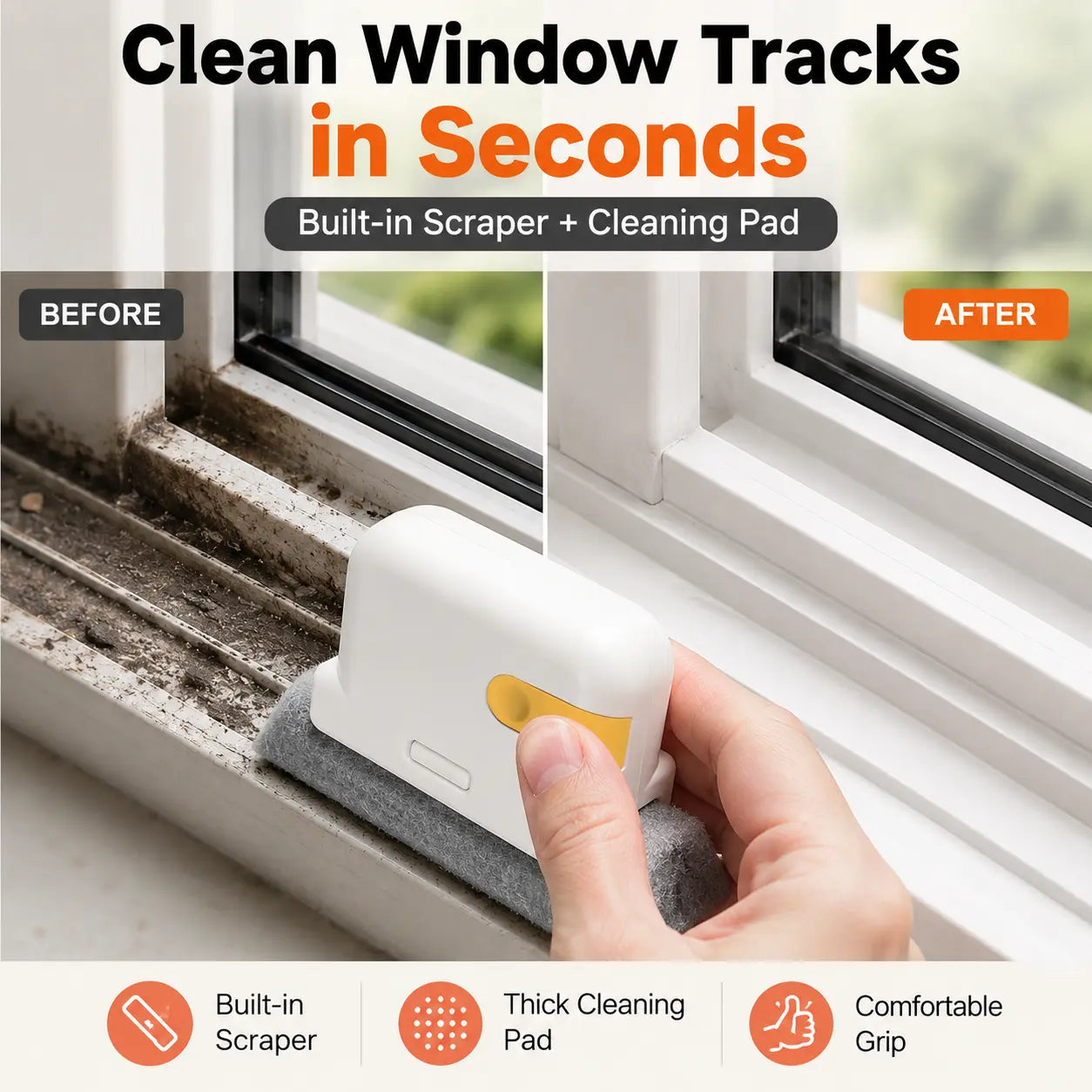 Window Track Cleaner Kit with 2 Replacement Pads, 2-In-1 Cleaning Tool with Built-In Scraper, Deep Gap Brush for Window Tracks, Sliding Doors & Home Cleaning