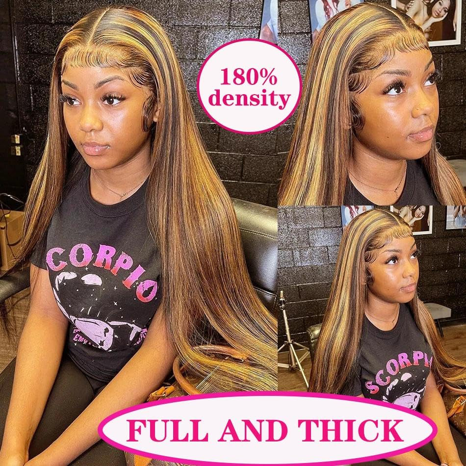 13X6 Ombre Lace Front Wig Human Hair 28IN 180Density Highlight Straight Wig | Pre Plucked Natural Hairline,Hd Transparent Frontal Lace,True to Lenth,Brazilian Virgin Hair,4/27 Colored,Honey Blonde