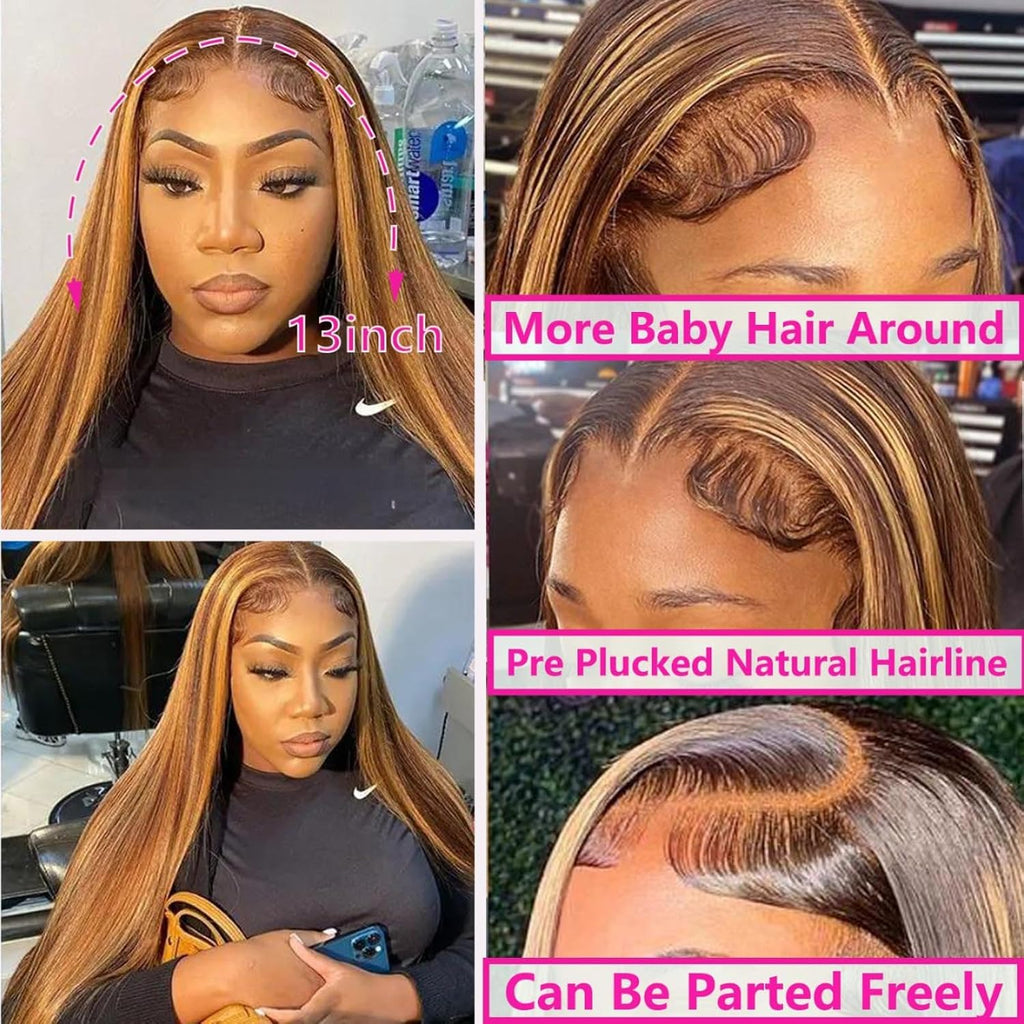 13X6 Ombre Lace Front Wig Human Hair 28IN 180Density Highlight Straight Wig | Pre Plucked Natural Hairline,Hd Transparent Frontal Lace,True to Lenth,Brazilian Virgin Hair,4/27 Colored,Honey Blonde