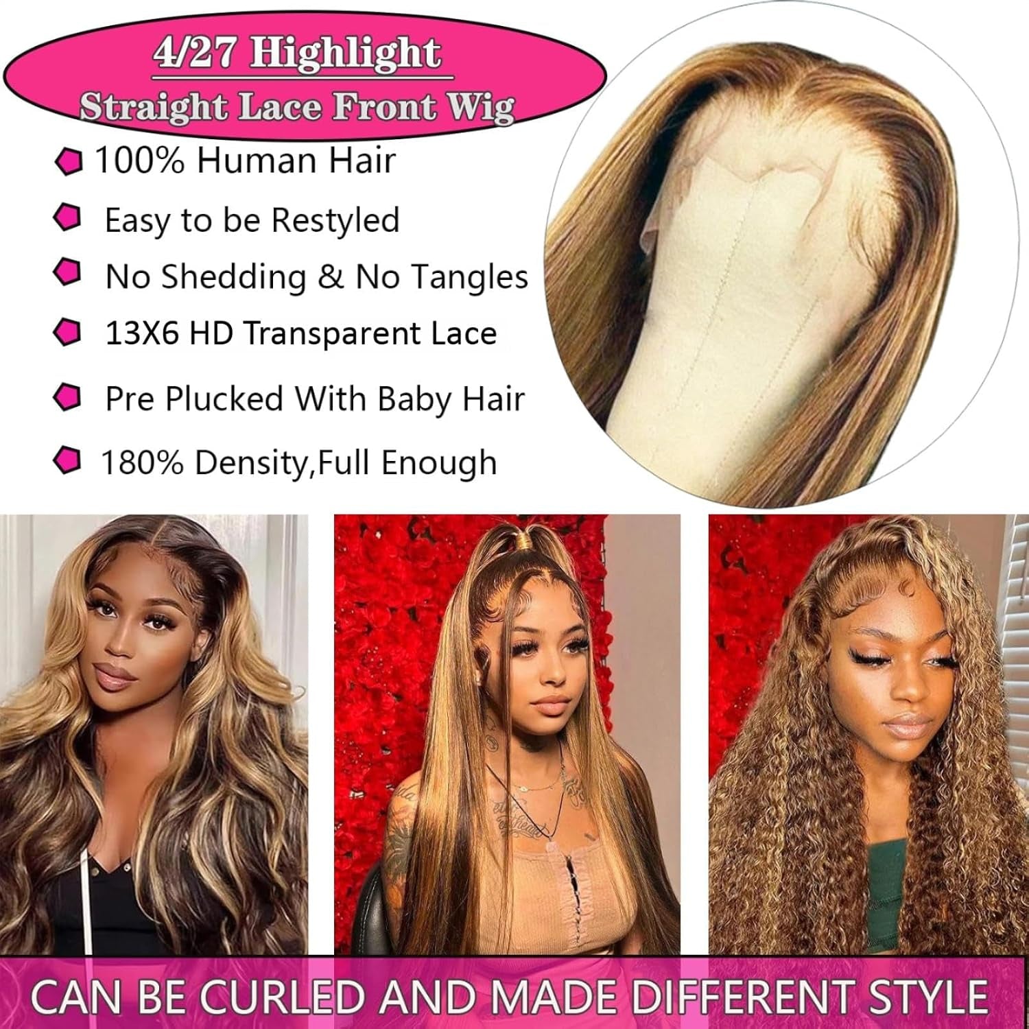 13X6 Ombre Lace Front Wig Human Hair 28IN 180Density Highlight Straight Wig | Pre Plucked Natural Hairline,Hd Transparent Frontal Lace,True to Lenth,Brazilian Virgin Hair,4/27 Colored,Honey Blonde