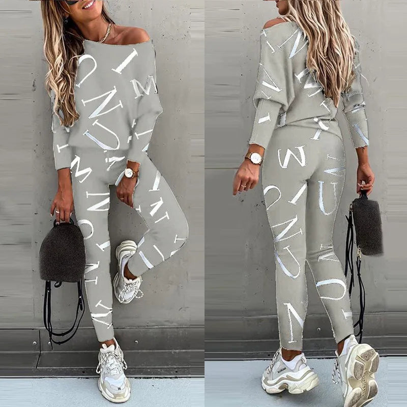 Spring Women'S Casual 2-Piece Set O-Neck Long-Sleeved Top Elastic Waist Small Feet Pants Letter Printing Street Suit