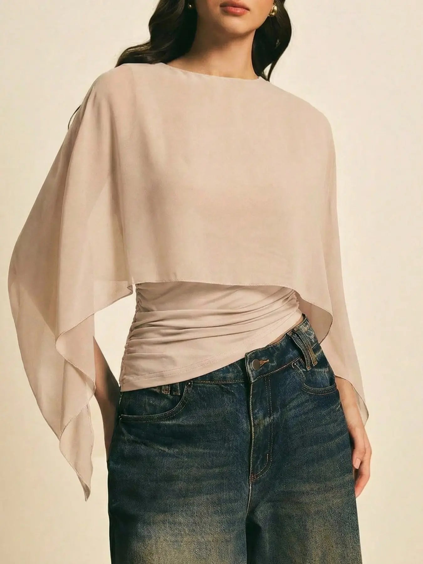 Elegant Minimalist Asymmetrical Basic Blouse Shirts for Women, round Neck, Batwing Sleeve Design, Perfect for Daily Wear & Casual, Stylish Ladies' Top
