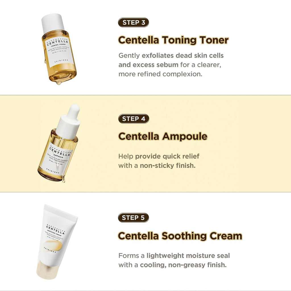 Centella Travel Kit, Korean Skin Care Set of 5, Travel Size | a Travel Size Skincare Gift Set with Toner, Serum, Oil Cleanser, Face Wash, and Moisturizer, Made with Madagascar Centella