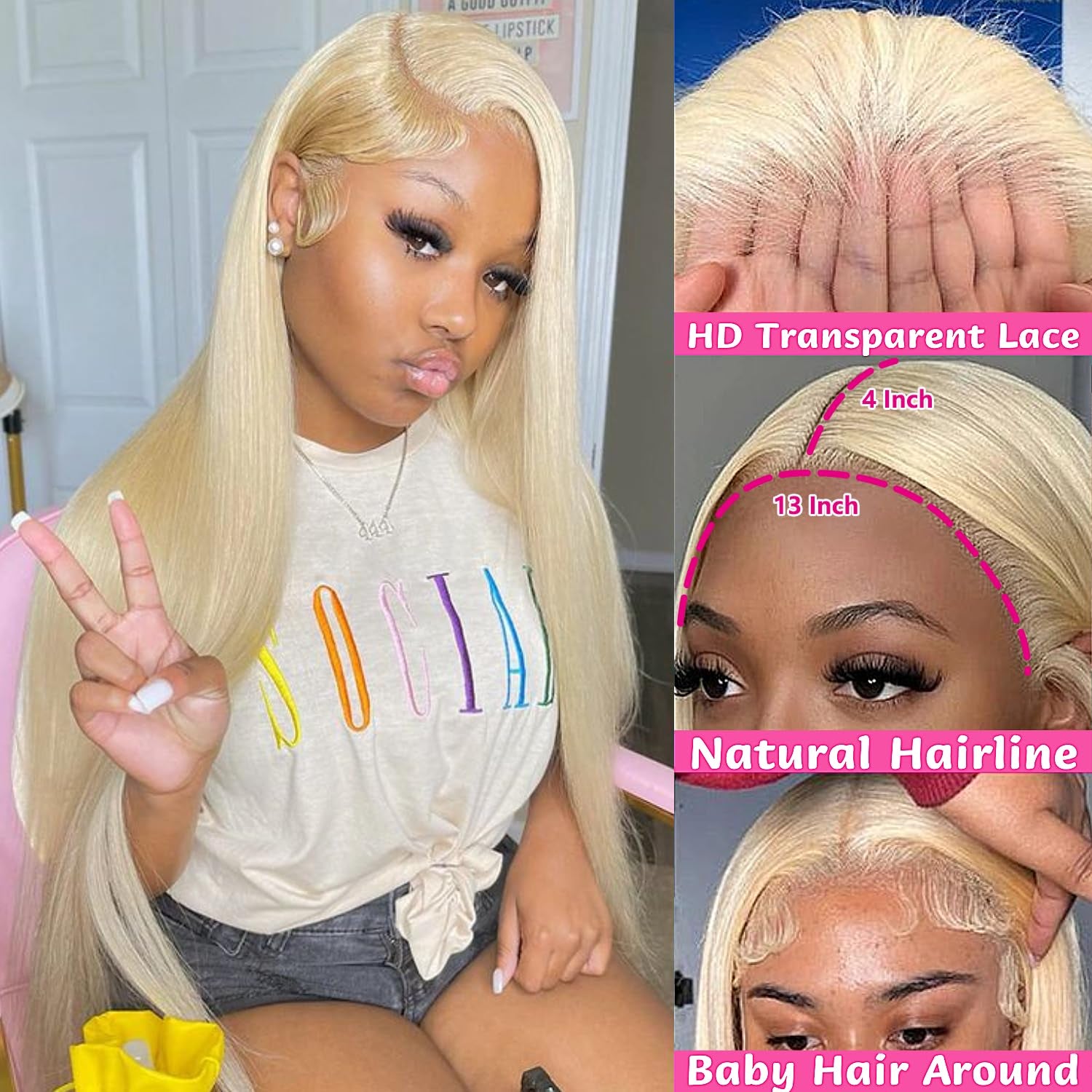Blonde 613 Lace Front Wig Human Hair 13X4 HD Straight 26 Inch | 180% Density,Hd Transparent Lace Frontal Pre Plucked Natural Hairline,Brazilian Virgin Human Hair for Women
