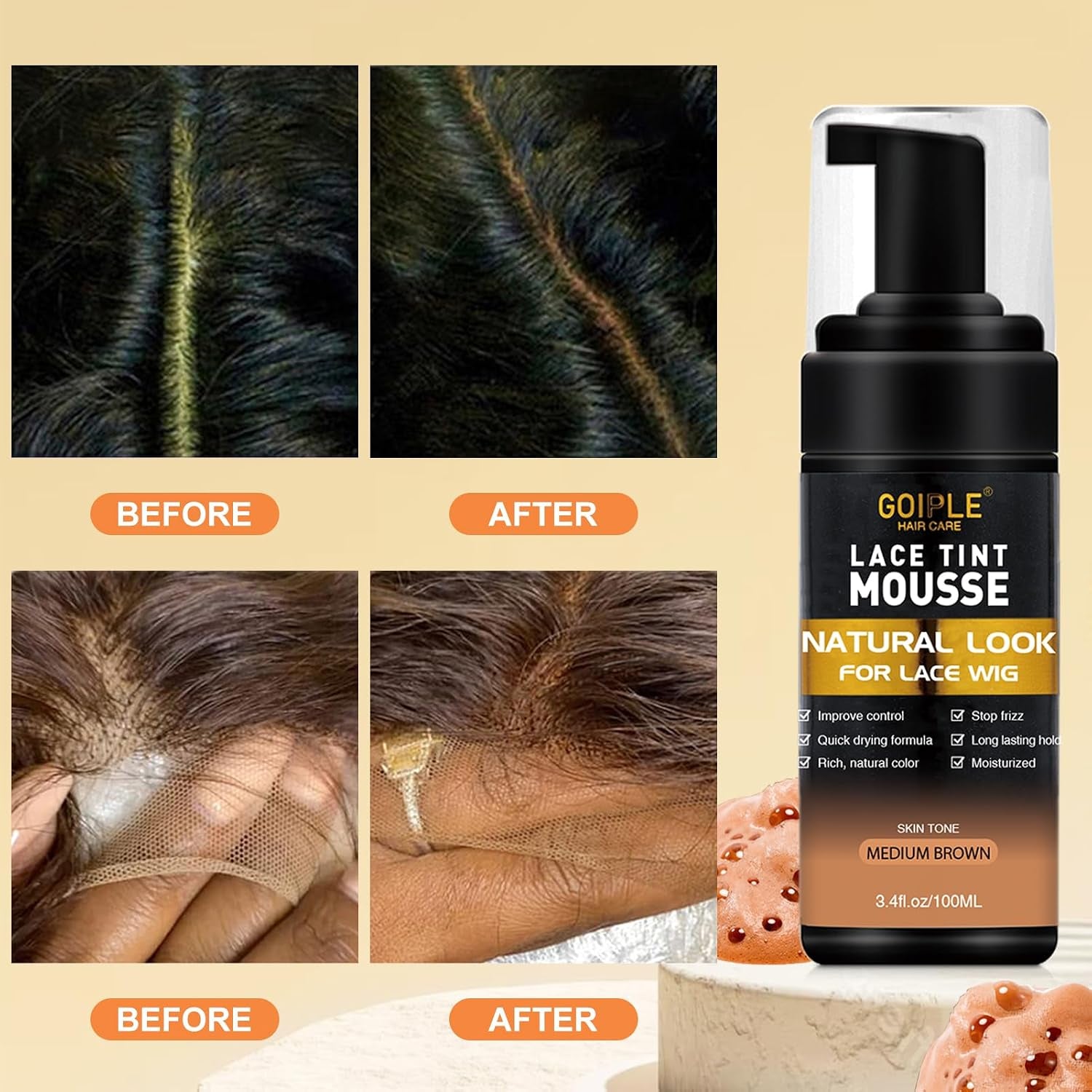 Lace Glue Kit Complete Set with Lace Tint Mousse, Lace Melting Spray Wig Glue for Women'S Wigs and Hairpieces - Wig Installation Kit & Tape in Extension Rmover & Cap (Medium Brown)