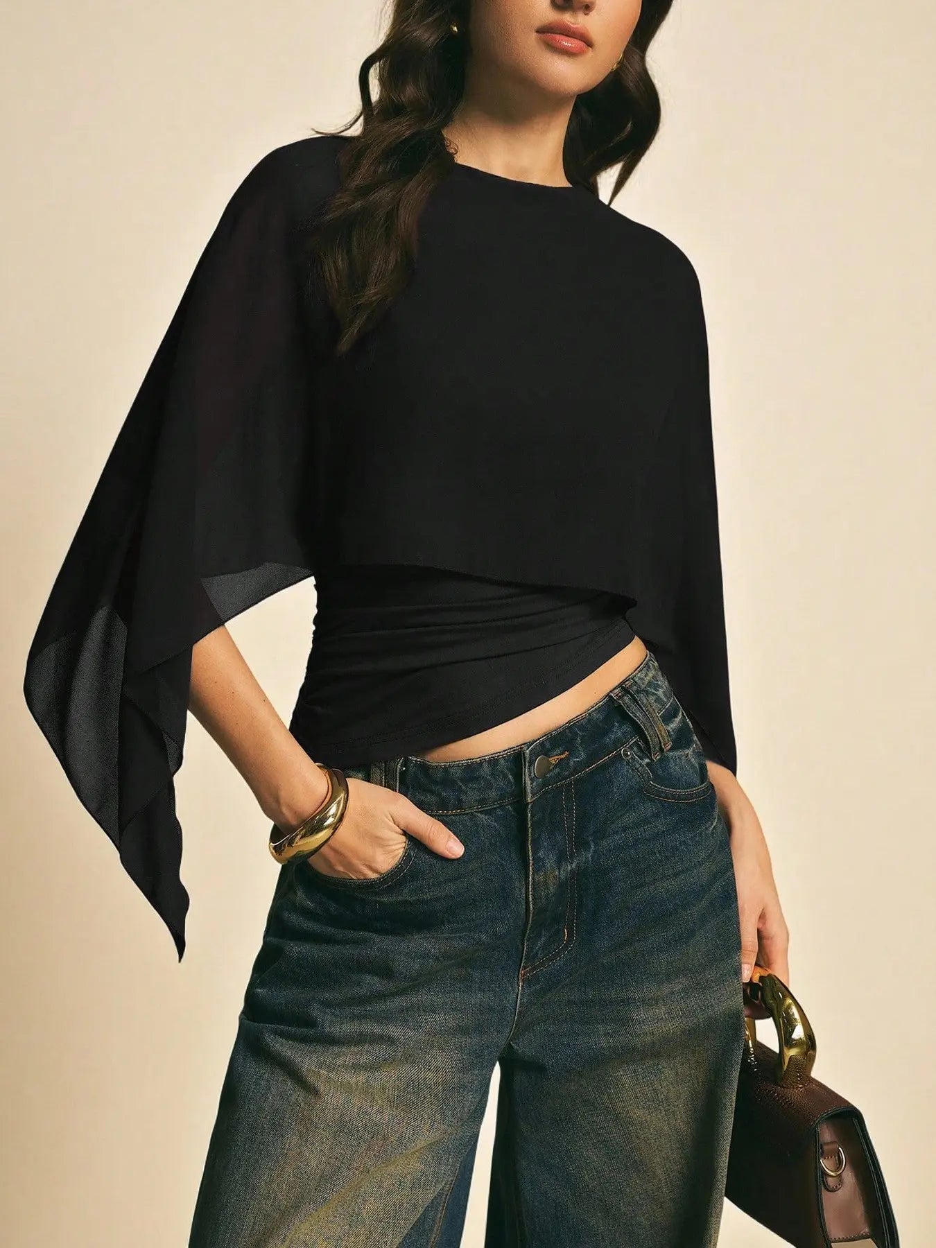 Elegant Minimalist Asymmetrical Basic Blouse Shirts for Women, round Neck, Batwing Sleeve Design, Perfect for Daily Wear & Casual, Stylish Ladies' Top