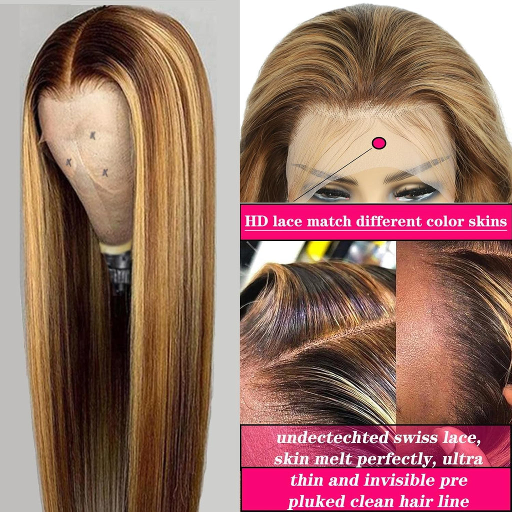 13X6 Ombre Lace Front Wig Human Hair 28IN 180Density Highlight Straight Wig | Pre Plucked Natural Hairline,Hd Transparent Frontal Lace,True to Lenth,Brazilian Virgin Hair,4/27 Colored,Honey Blonde