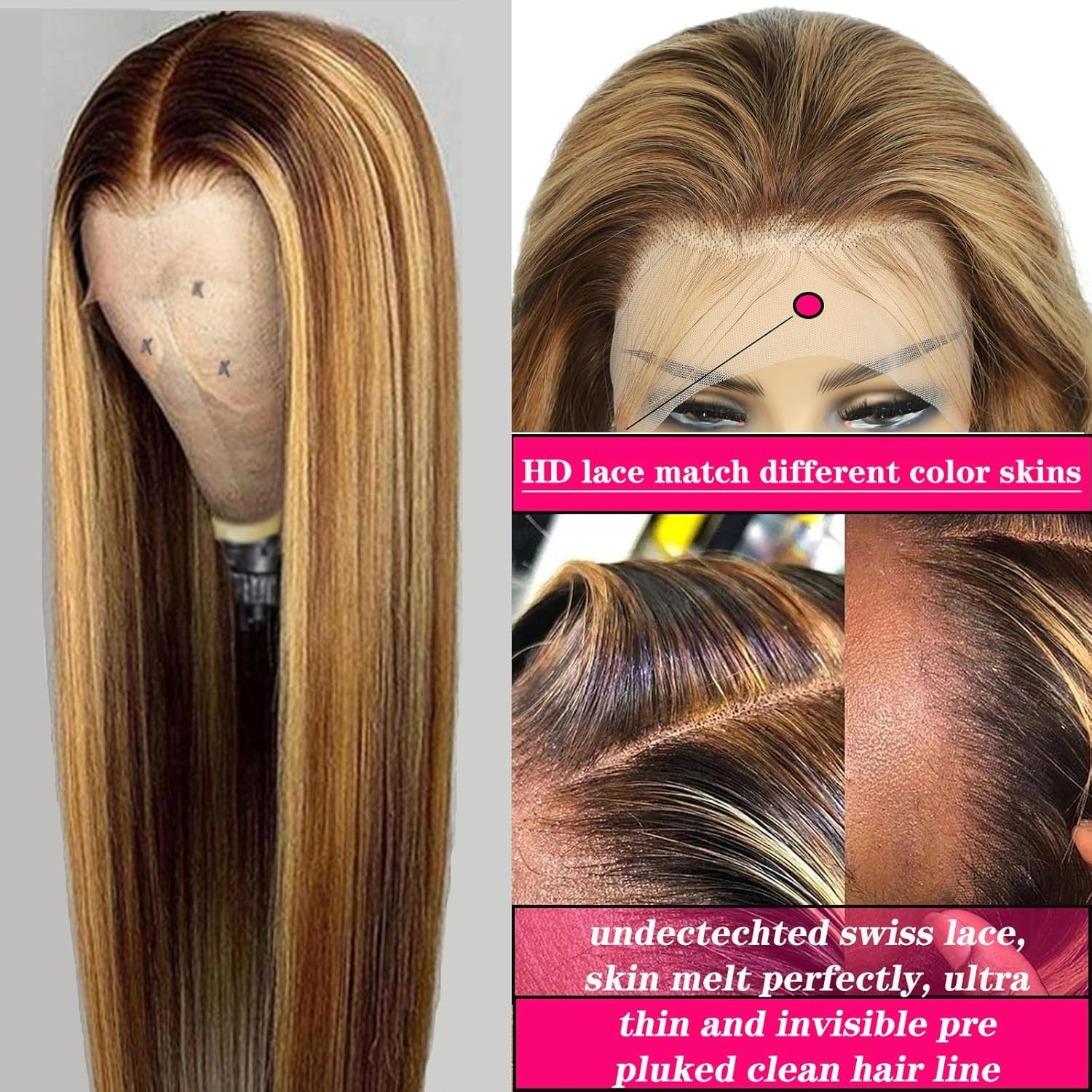 13X6 Ombre Lace Front Wig Human Hair 28IN 180Density Highlight Straight Wig | Pre Plucked Natural Hairline,Hd Transparent Frontal Lace,True to Lenth,Brazilian Virgin Hair,4/27 Colored,Honey Blonde