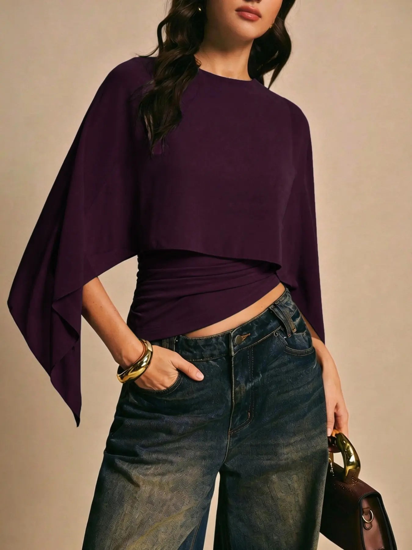 Elegant Minimalist Asymmetrical Basic Blouse Shirts for Women, round Neck, Batwing Sleeve Design, Perfect for Daily Wear & Casual, Stylish Ladies' Top