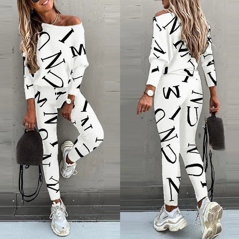 Spring Women'S Casual 2-Piece Set O-Neck Long-Sleeved Top Elastic Waist Small Feet Pants Letter Printing Street Suit