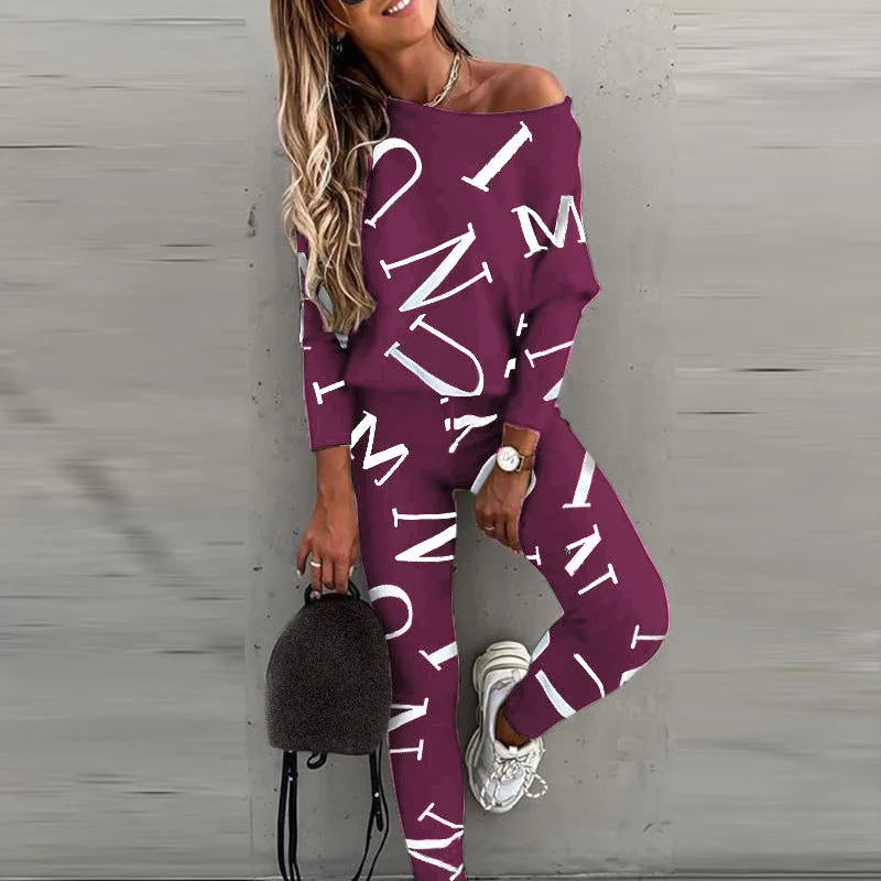 Spring Women'S Casual 2-Piece Set O-Neck Long-Sleeved Top Elastic Waist Small Feet Pants Letter Printing Street Suit