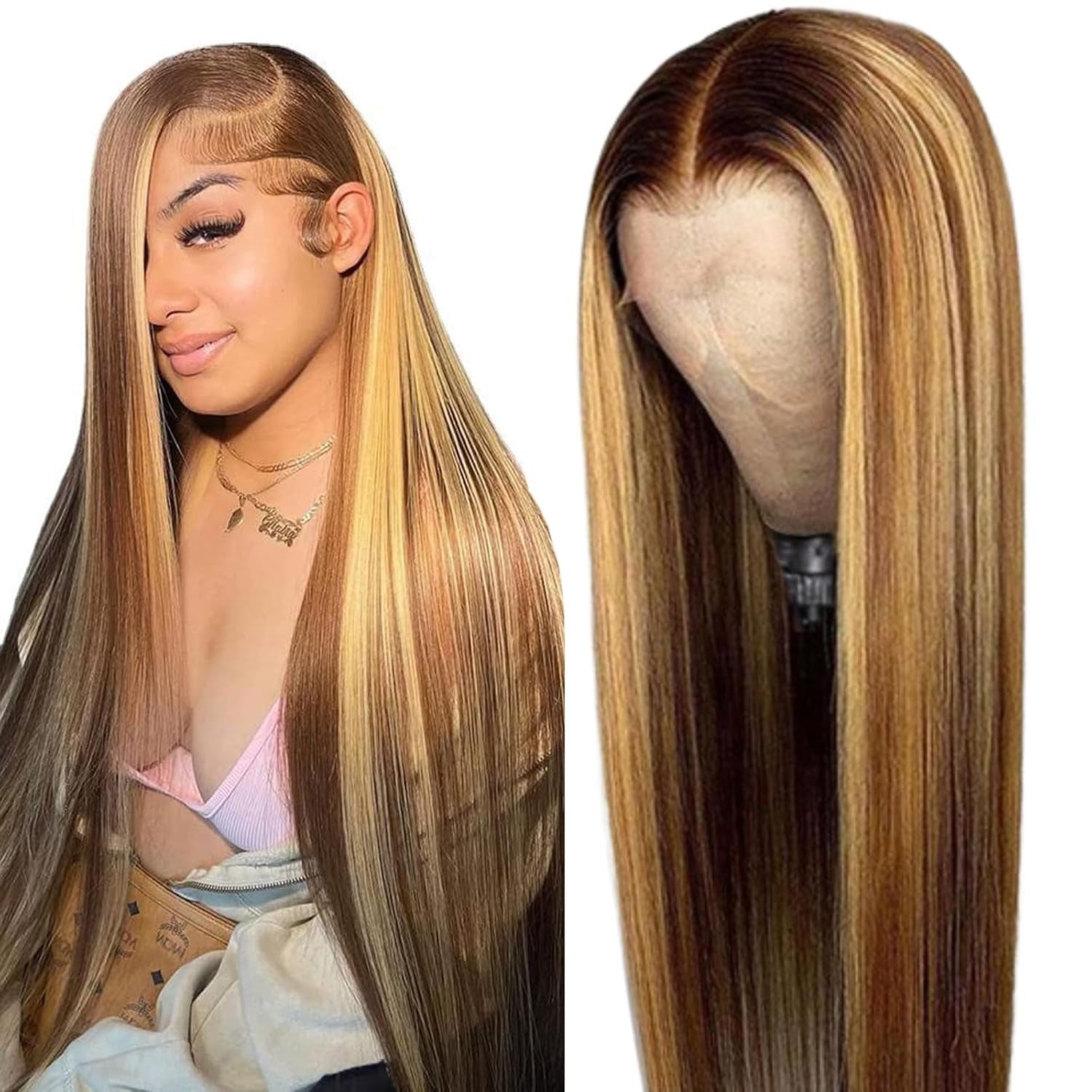 13X6 Ombre Lace Front Wig Human Hair 28IN 180Density Highlight Straight Wig | Pre Plucked Natural Hairline,Hd Transparent Frontal Lace,True to Lenth,Brazilian Virgin Hair,4/27 Colored,Honey Blonde