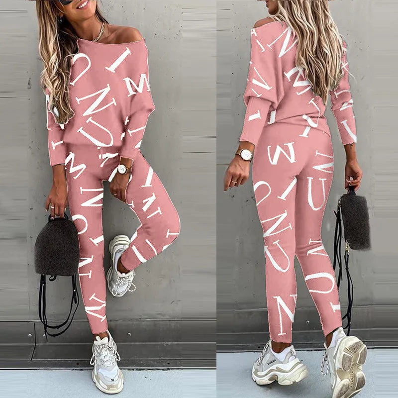 Spring Women'S Casual 2-Piece Set O-Neck Long-Sleeved Top Elastic Waist Small Feet Pants Letter Printing Street Suit