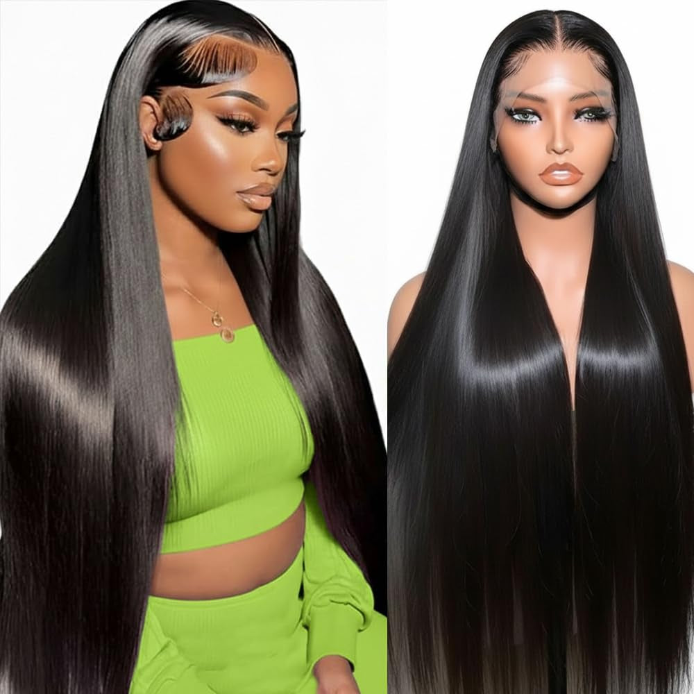 Lace Front Wigs Human Hair 32 Inch 12A Virgin Straight Human Hair Wig 200 Density Soft 13X6 Lace Front Wigs Human Hair Pre Plucked Invisilbe Hairline Glueless HD Frontal Wig Natural Black