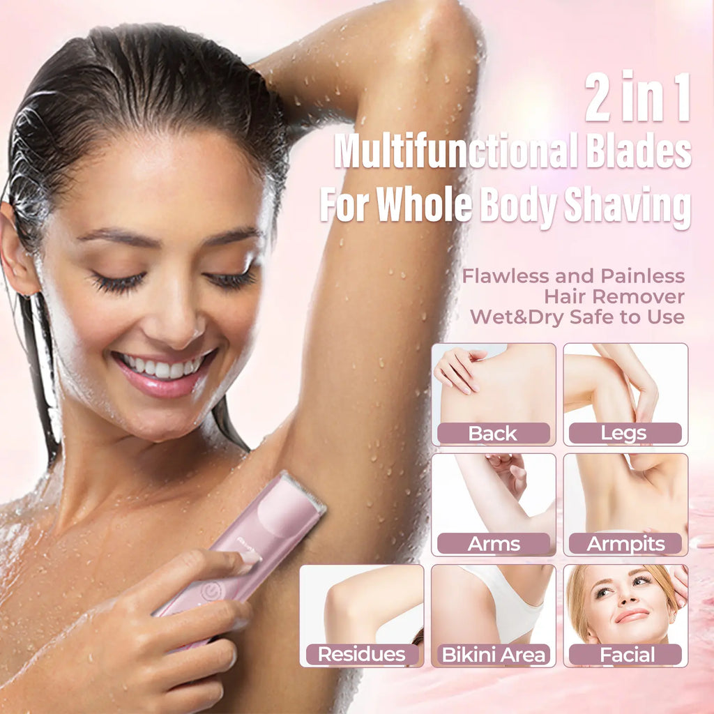 Akunbem Bikini Trimmer for Women, Electric Shaver and Razor Rechargeable 2-In-1 Body and Facial Epilator, Dual Heads for Painless Trimming of Pubic Hair, Face, Underarms and Legs, IPX7 Waterproof. Christmas Gift New Year Gift Shaving Grooming Tiktokshopba