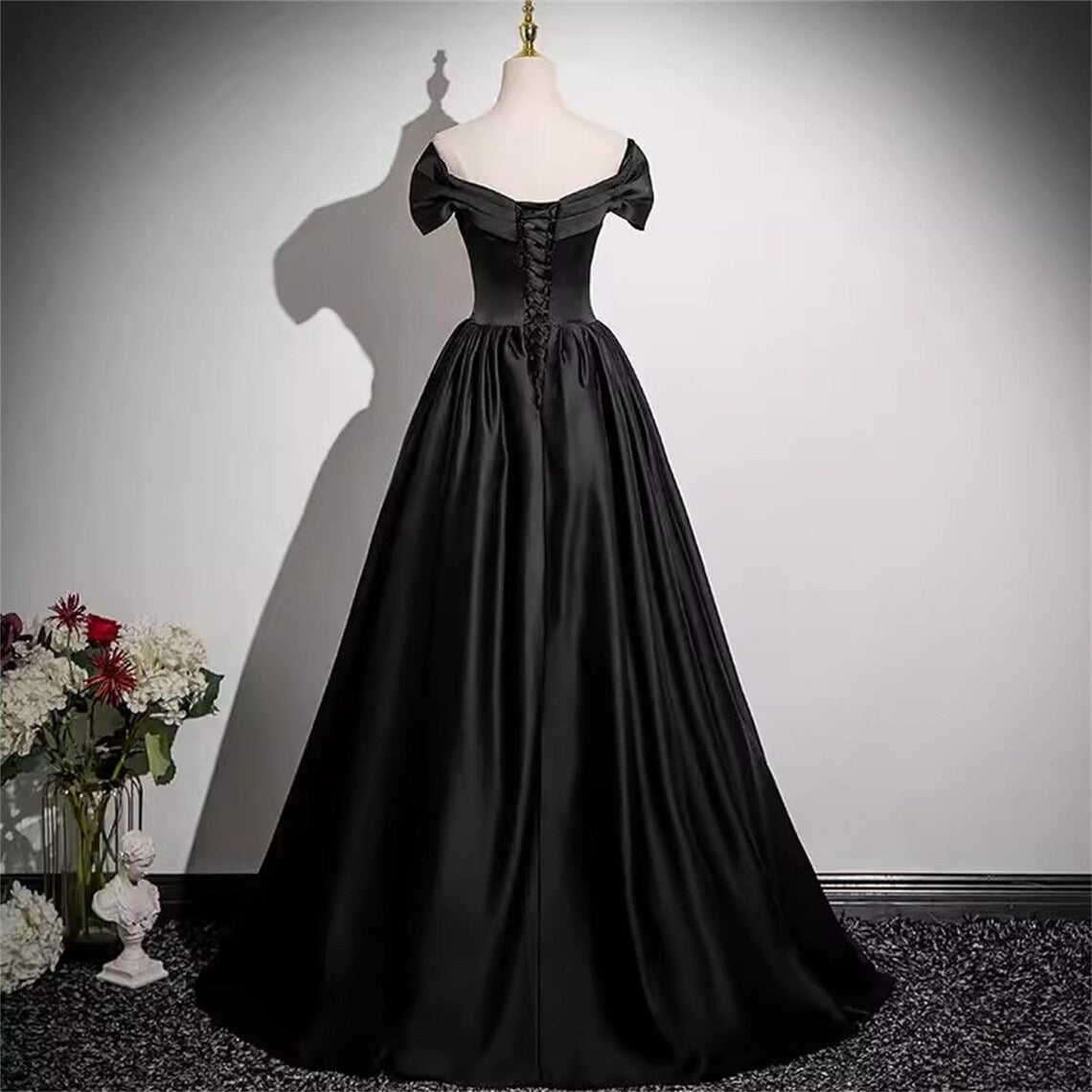 Black Satin Prom Dress Vneck Gown Elegant Black Dress Satin A-Line Dress Stunning Party Dress Minimalist Wedding Dress Simple Birthday Dress