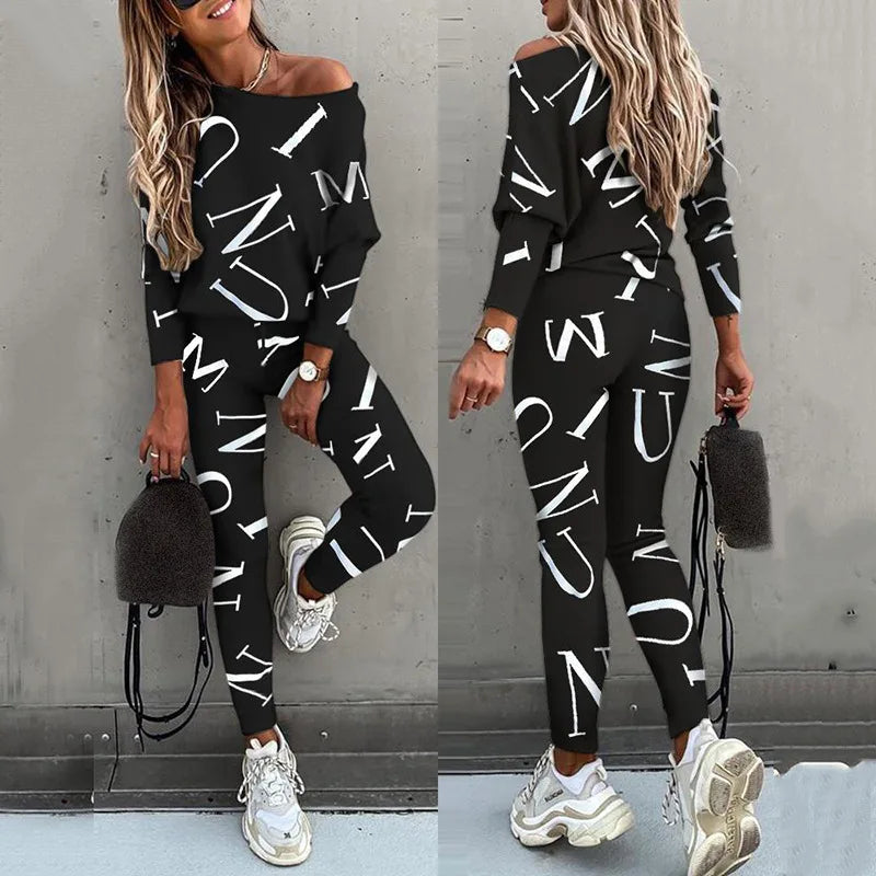 Spring Women'S Casual 2-Piece Set O-Neck Long-Sleeved Top Elastic Waist Small Feet Pants Letter Printing Street Suit