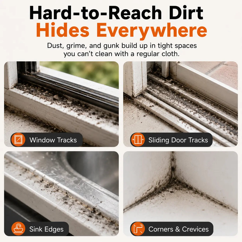 Window Track Cleaner Kit with 2 Replacement Pads, 2-In-1 Cleaning Tool with Built-In Scraper, Deep Gap Brush for Window Tracks, Sliding Doors & Home Cleaning