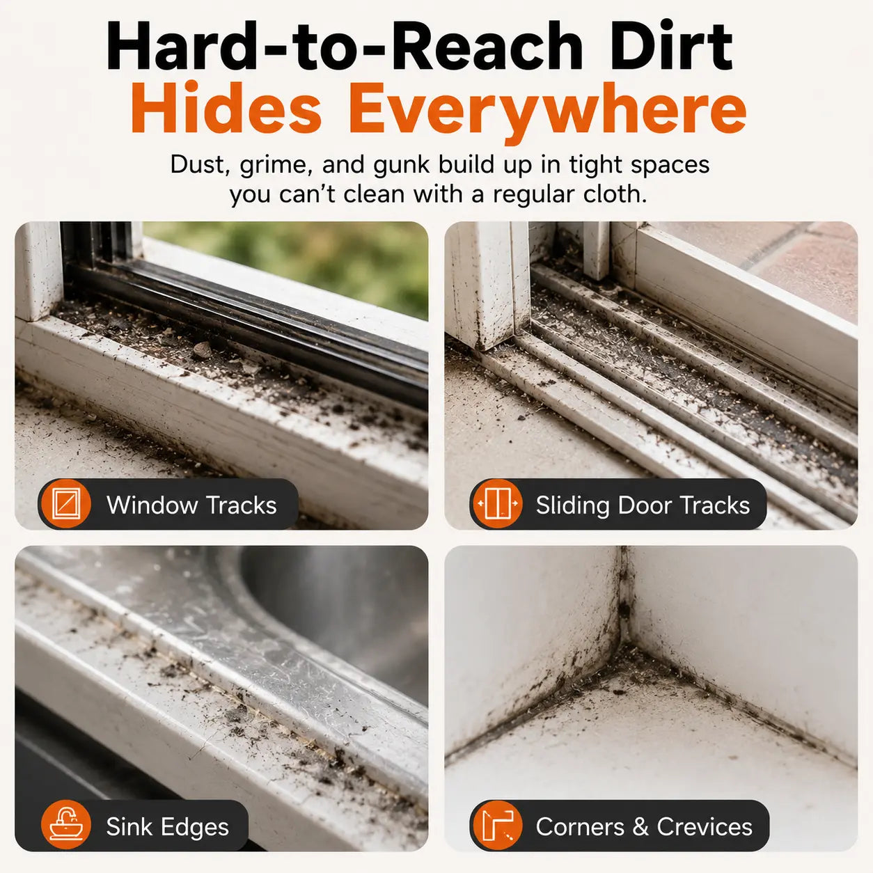 Window Track Cleaner Kit with 2 Replacement Pads, 2-In-1 Cleaning Tool with Built-In Scraper, Deep Gap Brush for Window Tracks, Sliding Doors & Home Cleaning