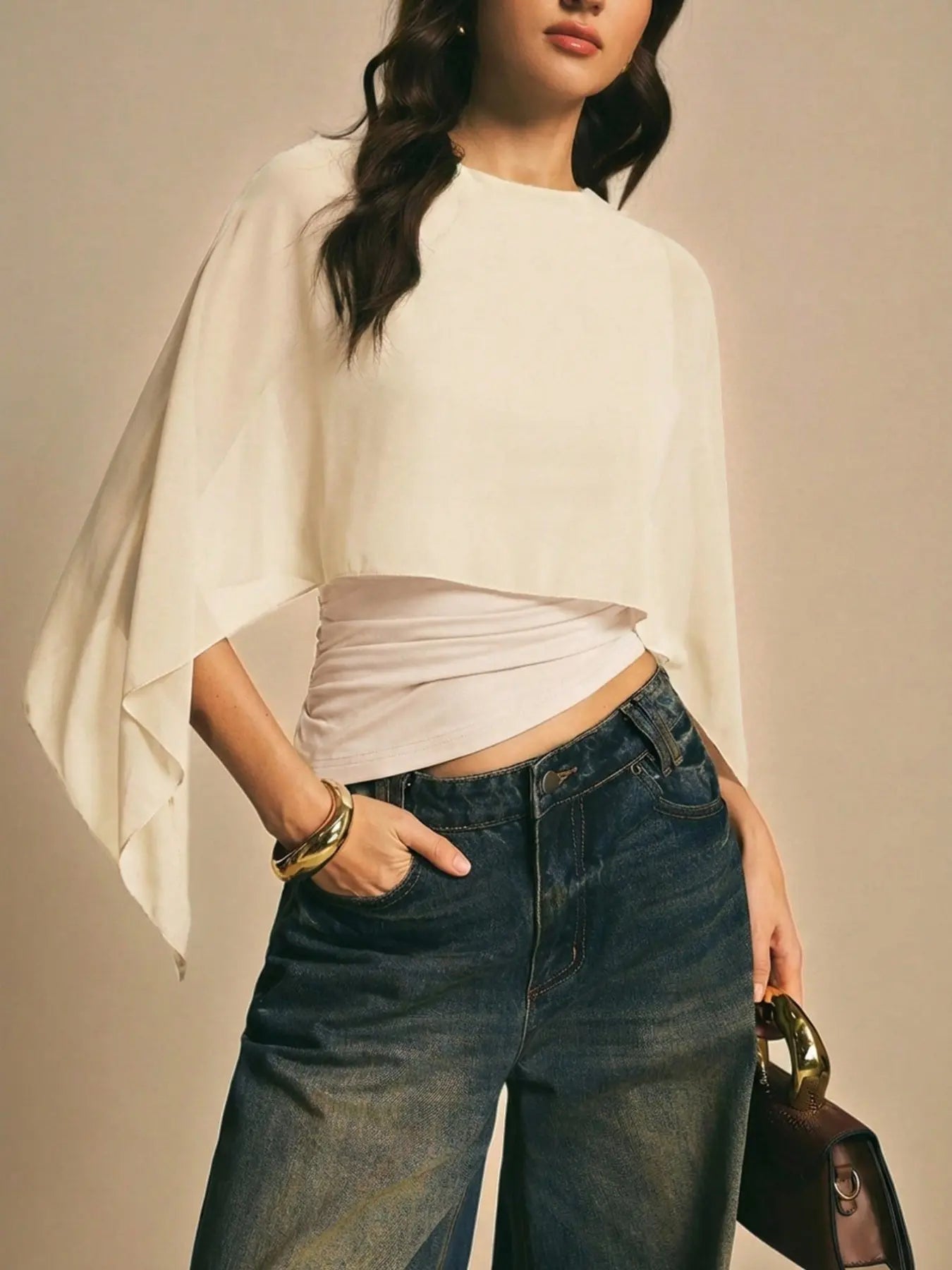 Elegant Minimalist Asymmetrical Basic Blouse Shirts for Women, round Neck, Batwing Sleeve Design, Perfect for Daily Wear & Casual, Stylish Ladies' Top