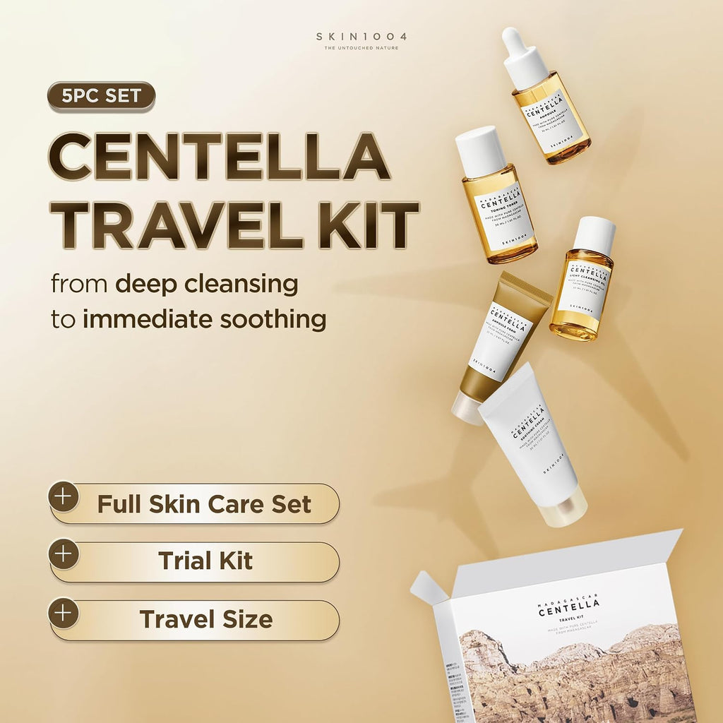 Centella Travel Kit, Korean Skin Care Set of 5, Travel Size | a Travel Size Skincare Gift Set with Toner, Serum, Oil Cleanser, Face Wash, and Moisturizer, Made with Madagascar Centella