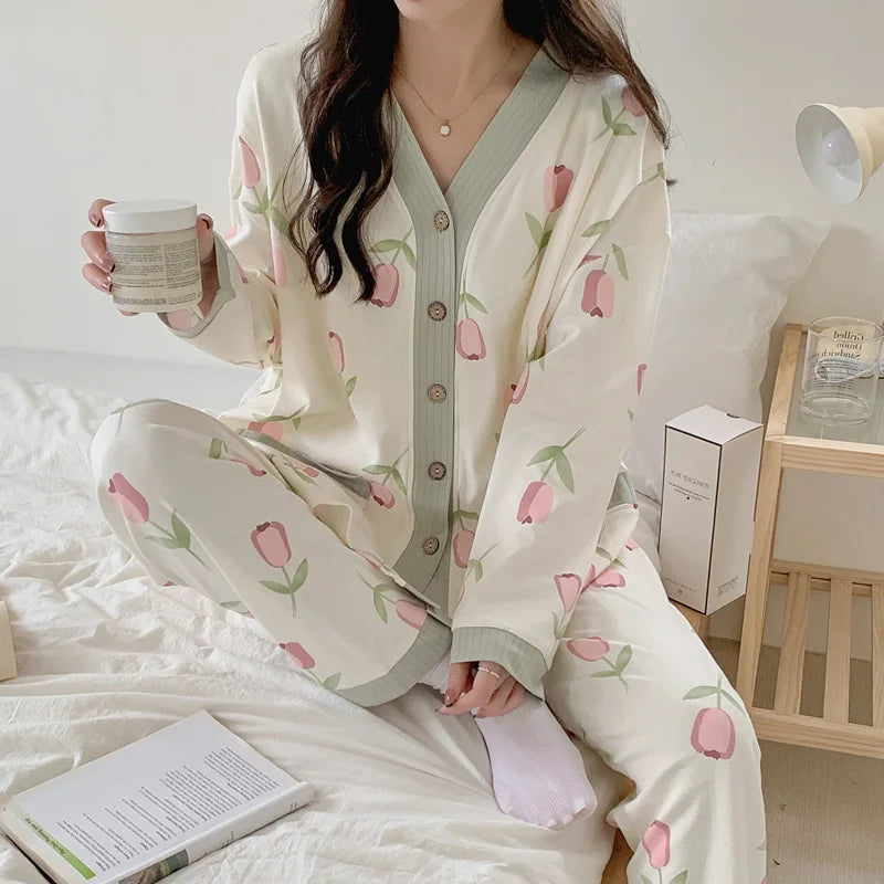 Nursing Clothes 2 Pieces Pajamas Maternity Clothes Home Clothes Spring and Autumn Confinement Clothes Summer Nursing Pajamas