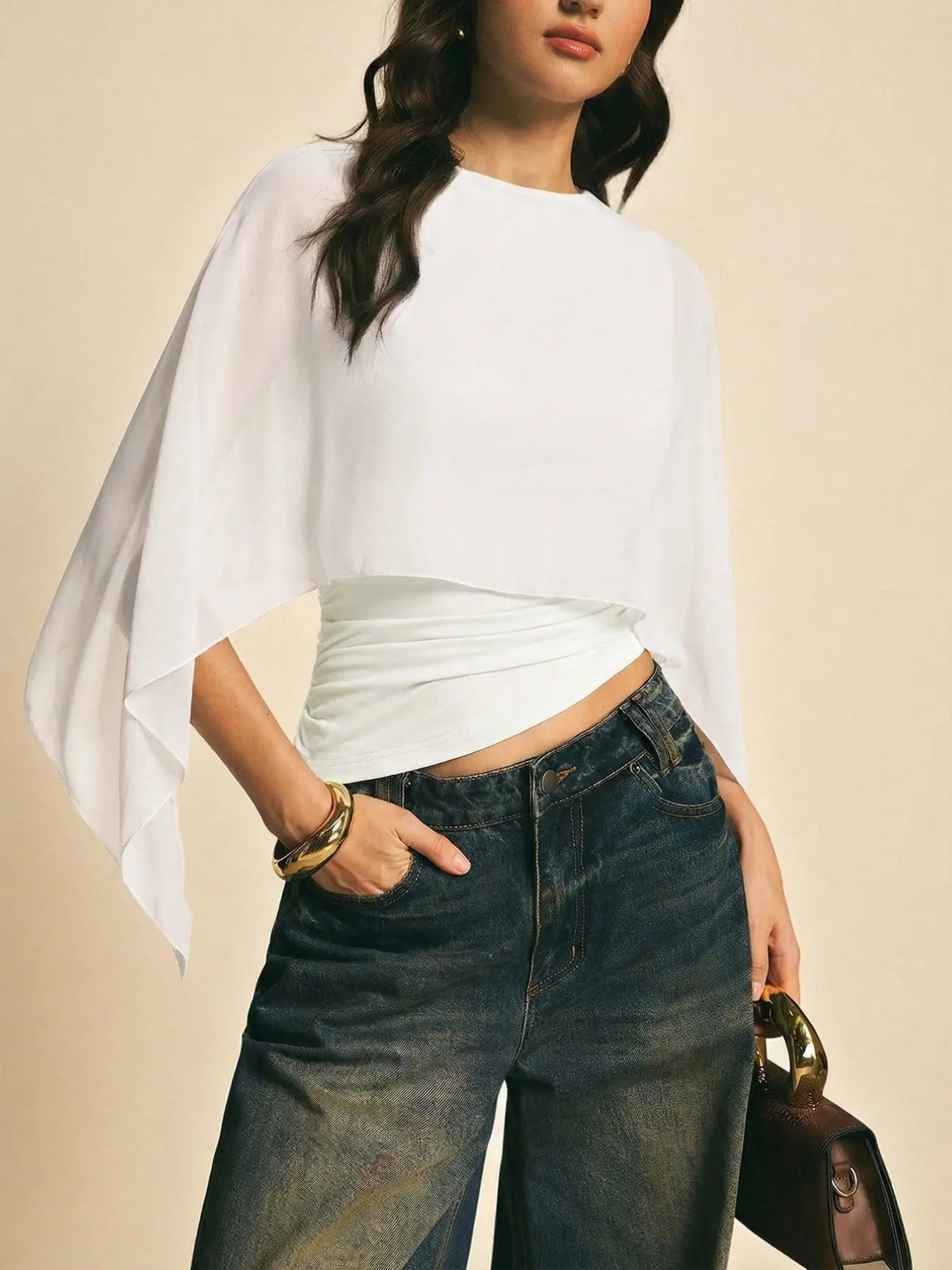 Elegant Minimalist Asymmetrical Basic Blouse Shirts for Women, round Neck, Batwing Sleeve Design, Perfect for Daily Wear & Casual, Stylish Ladies' Top