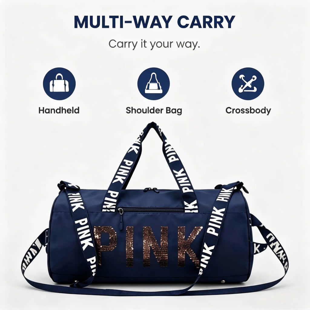 Fashion Sequin PINK Sports Duffle Bag, Portable Crossbody Shoulder Handheld Weekender Bag for Gym Fitness Short Business Trip #Gymbag #Traveldufflebag #Weekenderbag #Pinkdufflebag #Sportsbagforwomen#Tiktokfinds #Viralgymbag